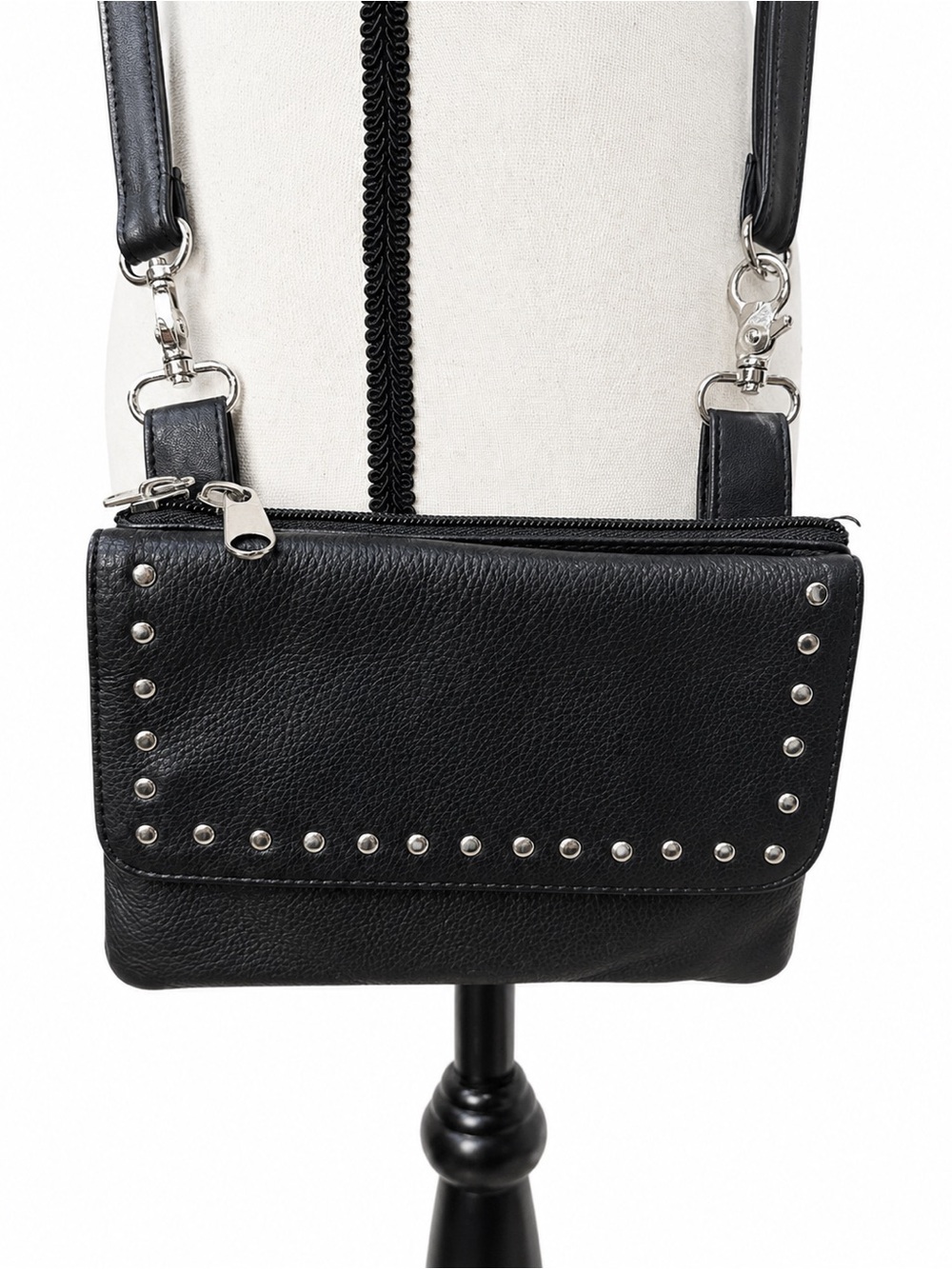 Black Studded Convertible Crossbody Wristlet Bag – Silver Hardware